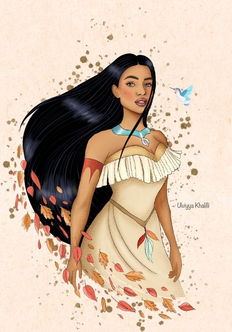 Princess, Disney, Pocahontas, Hummingbird, long hair, beautiful, illustration, digital, portrait Pocahontas Drawing, Hummingbird Illustration, Disney Princess Pocahontas, Princess Pocahontas, Disney Pocahontas, Disney Princess Drawings, Disney Fan, Anime Scenery Wallpaper, Tooth Fairy