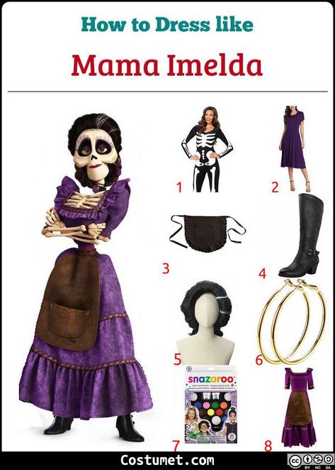 Mama Imelda costume is skeleton leotard with black hair pinned back. She wears a purple dress with a brown apron in front.            #Female #movies #Disney #cartoon #female #scary #skeleton #Mexican #mother #Coco #DayoftheDead Mama Imelda Costume, Coco Costume, Halloween Costume For Women, Brown Apron, Fine Hair Styles For Women, Movie Halloween Costume, Pumpkin Halloween Costume, Costume For Women, Last Minute Costumes