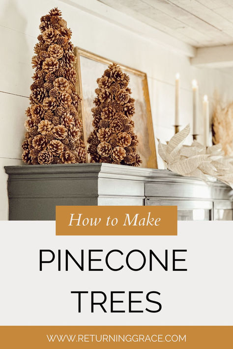 Elevate your seasonal decor with a DIY pine cone tree—perfect for a cozy, rustic vibe in fall or winter decorating! Diy Pinecones For Christmas, How To Make A Pine Cone Christmas Tree, Large Pine Cone Christmas Tree, Decorating With Pine Cones For Christmas, Diy Pine Cone Tree, Winter Pinecone Decor, Scented Pinecones Display, Pinecone Tree Craft, Pinecone Bouquet Diy