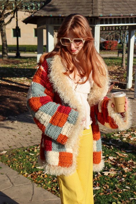 Vintage Inspired Crochet Pattern: The Penny Lane Coat Autum 2024 Outfits, Fall Crochet Inspiration, Crochet Penny Lane Coat, Fall Crochet Outfits, Maximalist Fall Outfits, Fall Colorful Outfits, Autumn Outfits Colorful, Fall Crochet Cardigan, Fall Outfits Colorful