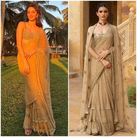 Ananya Panday X Arpita Mehta saree for Rakulpreet and Jackky Bhagnani's wedding in Goa • Stylist: @mohitrai @shubhi.kumar • Ananya Panday… | Instagram Ananya Pandey Diwali Outfit, Arpita Mehta Lehenga, Customized Lehengas, Ananya Pandey Lehenga, Ananya Pandey Saree, Arpita Mehta Saree, Lehengas Ideas, Diwali Fits, Ananya Pandey Outfits