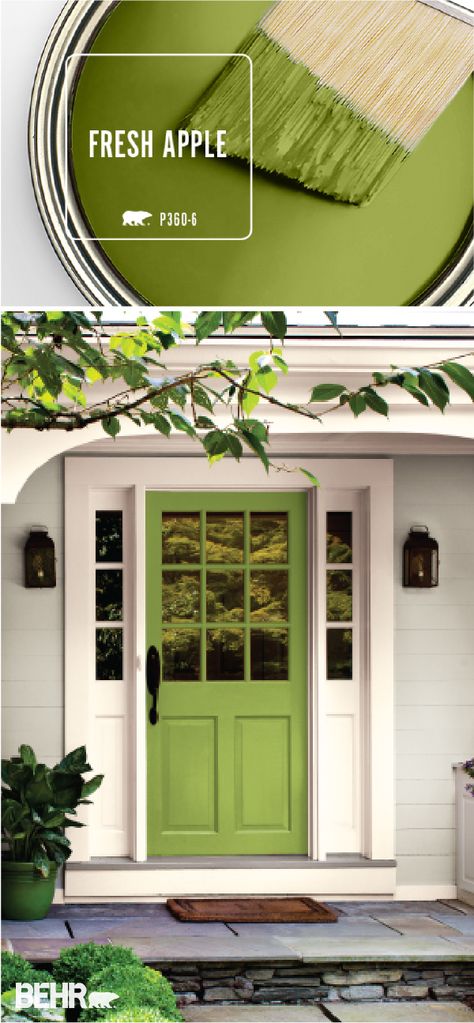 Looking for an easy way to add a burst of bright color to the exterior of your home? Check out BEHR’s Color of the Month: Fresh Apple. This modern green hue shines when paired with soft creams and light grays. Try painting your front door with this bright color to give your home a subtly modern flair. Green Front Doors, Green Paint Colors, Exterior Paint Colors For House, Green Door, Front Door Colors, Exterior Paint Colors, Door Color, Paint Colors For Home, Green Paint