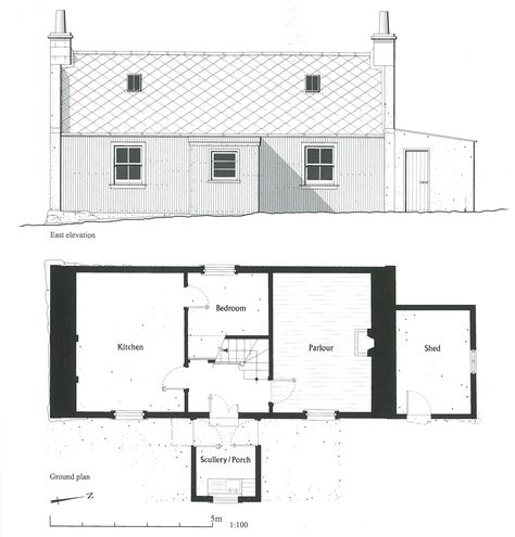 Croft House at Glamsdale, Benbecula in the Western Isles with its front wall of corrugated-iron and the gables of stone (1930s) Cottage Floor Plan, Scottish Cottages, Croft House, Scottish House, Building Logo, Irish Cottage, Vernacular Architecture, Little Cabin, Front Wall