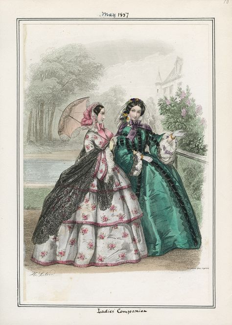 Ladies' Companion May 1857 LAPL 1840s Day Dress, 1849 Fashion, Queen Victoria Wedding, 1840 Dress, Victoria Wedding Dress, 1840s Dress, 1850s Fashion, Victorian Era Fashion, 1860 Fashion