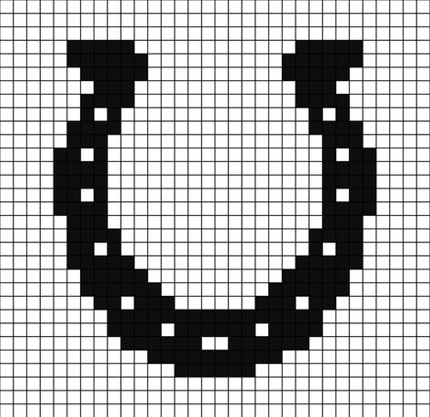 A pixel art template of a horseshoe (black on white without any shadow, tones and with holes in). Horseshoe Cross Stitch, Horse Hama Beads, Horse Pixel Art Grid, Horse Alpha Pattern, Western Pixel Art, Horse Perler Beads, Black And White Pixel Art Grid, Horse Pixel Art, Horse Cross Stitch Patterns