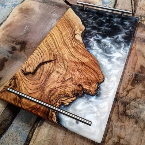 Coastline, Me, Olivewood and Epoxy, 2020 : Art Epoxy Bar Top With Lights, Wood And Resin Wall Art, Wood Epoxy Projects, Epoxy Nightstand, Epoxy Wood Projects, Walnut Wood Projects, Epoxy Charcuterie Board, Mebel Antik, Projek Kayu