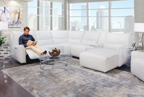 Leather Sectional Living Room, Grey Leather Sectional, White Leather Couch, Leather Reclining Sectional, Leather Couches Living Room, White Leather Sofas, Leather Living Room Furniture, Recliner Couch, Wireless Charging Station