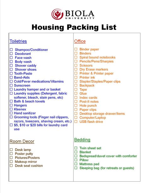 Biola Housing's Official "Packing List" University List Packing, Moving To University Packing Lists, Ultimate College Packing List, Biola University, Columbia University Dorm, Ultimate College Packing List Dorm Room, College Girl Apartment, Dorm Packing, Paper Binder