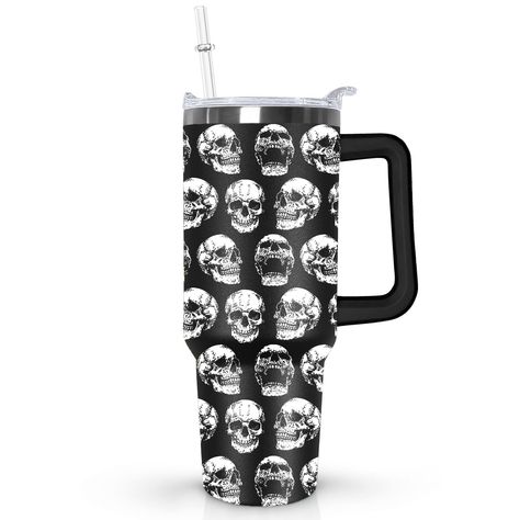 PRICES MAY VARY. 💀Skull Tumbler : it is your 40oz skull insulated tumbler,skull watter botter , cat drinking glass, goth skull coffee mug, skeleton insulated tumbler. halloween coffee mug, gothic skull decor ,skull home decor, day of the dead decor, skull coffee mug. Which can be put on the cup holder of most cars and put anywhere as you want and no worry to wet your place. 💀Goth Tumbler With Handle Set: 1 Pcs 40 oz skull travel mug; 1 PCS straws ,The capacity is large enough to hold all kinds Goth Halloween Decor, Halloween Decor Witch, Skull Coffee, Tumbler Handle, Tumbler Halloween, Goth Halloween, Skull Tumbler, Double Wall Tumblers, Skull Lover