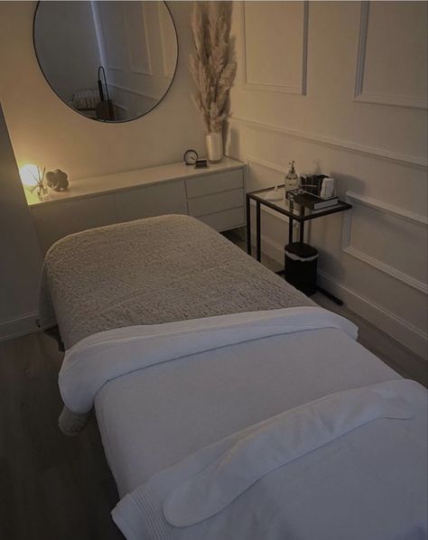 Esthetician Room Bedding, Lash Room Ideas Neutral, Black And White Facial Room, Draped Ceiling Spa, Spa Bed Setup Ideas, Aesthetician Room Set Up, Beauty Bed Salon Set Up, At Home Spa Set Up, Accent Wall Esthetician Room