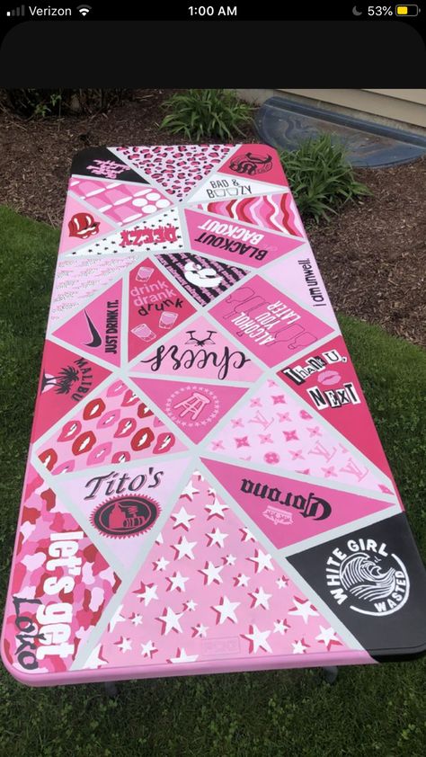 Pink Cup Pong Table, Pink Whitney Pong Table, Pink Pong Table Painted, Beer Pong Table Painted Pink, Aesthetic Pong Table, Cute Beer Pong Table, Pink Pong Table, Girl Pong Table, Cup Pong Tables Painted