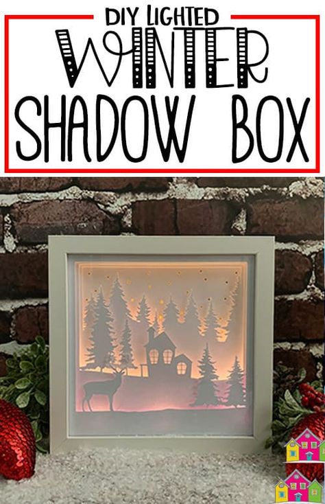 Welcome to Day 24 of my 25 days of Craftmas series!  Today, I'm showing you how to make this pretty lighted winter shadow box.  I'm so excited to share this project because I think it turned out amazing!  It's so pretty to look at and it's so easy to make, since your machine does most of the work. How To Make Lighted Shadow Boxes, Cricut Magnet Ideas, Cricut 3d Shadow Box Ideas, Paper Shadow Box Art, Cricut Shadow Box Ideas, Shadowbox Art, Light Box Diy, 3d Svg Files, Shadow Light Box