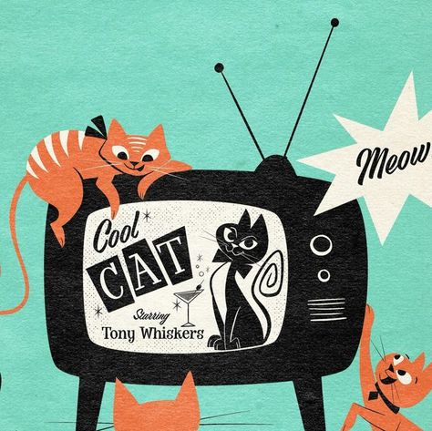 Cyn Barrera on Instagram: "Wanna see the Cool Cat show? 🐈‍⬛✨ 📺   #cat #coolcat #blackcat #tuxedocat #orangecat #tvshow #vintagetvshow #tonywhiskers #midcenturymodern #borolina #retroillustration #retro #50s #starburst #atomicera #midmod #mcm #cartoon #illustration #cynbarrera #landofatomic" Mid Century Cat, Cat Illustrations, Atomic Era, Mid Century Illustration, Retro Cats, Tuxedo Cat, Cats Illustration, Retro Illustration, Orange Cat