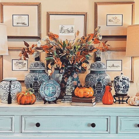 White Front Porch Ideas, White Front Porch, Blue Willow Decor, Front Porch Ideas For Fall, Porch Ideas For Fall, Autumn Cottage, Thanksgiving Tree, Fall Stuff, Blue White Decor