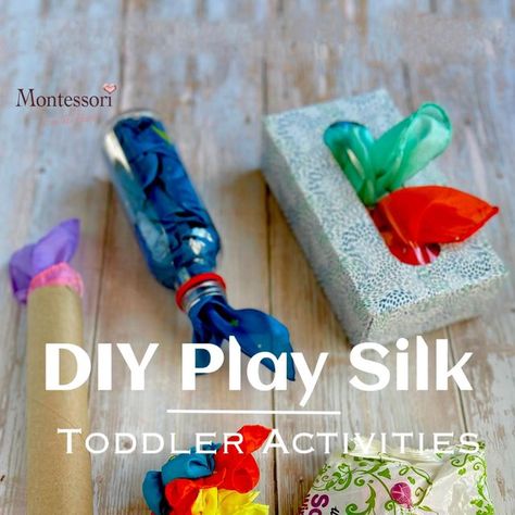 Montessori Homeschool Made Easy on Instagram: "Play Silks ♻️ Recycled Baby Play Ideas 𝒇𝒐𝒍𝒍𝒐𝒘 @MontessoriFromTheHeart ♡ for more! ▫️▫️▫️▫️ 📣Comment “Yes silks” if you would like me to do a spontaneous 🎁 from my stories😉 ⠀ How to Use @sarahssilks to Help Early Years Development: ⠀ 1) use a kitchen whisk to hide the silks in 2) use a cardboard tube (I am using a recycled towel paper roll) and push the silks into it 3) use a recycled seethrough plastic bottle to load silks into 4) use a rec