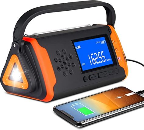 Weather Broadcast, Noaa Weather Radio, Solar Power Charger, Emergency Radio, Rechargeable Flashlight, Portable Radio, Cell Phone Charger, Hand Crank, Solar Charging