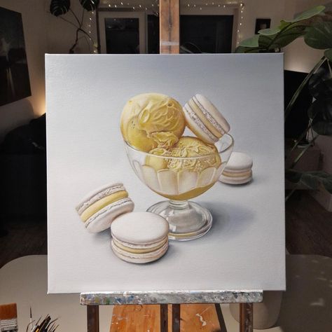 🍨 What's your favourite flavour? This oil painting is of a Mango & Yuzu Sorbet with Yuzu White Chocolate Macarons 🥭 Original Gelato oil painting 40 x 40 cm stretched canvas Commissioned by @ohappiplace in Singapore It will be making the 6700 mile journey from Sheffield to Singapore later this month as soon as it's dry ✈️ #art #gelato #macarons #icecream #foodie #cafe #singapore #sheffield #dessert #painting #foodart #artistoninstagram #arte #instaart Yuzu Sorbet, White Chocolate Macarons, Dessert Painting, Chocolate Macarons, Sheffield, Insta Art, White Chocolate, Food Art, Macarons