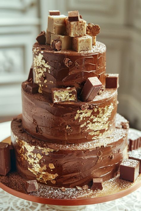 Majestic Chocolate Tower with Golden Accents - Birthday Cake Aesthetic Chocolate Tower, Cake Luxury, Birthday Cake Aesthetic, Luxurious Chocolate, Cake Aesthetic, Luxury Birthday, Edible Gold, Gold Cake, Cake Boss