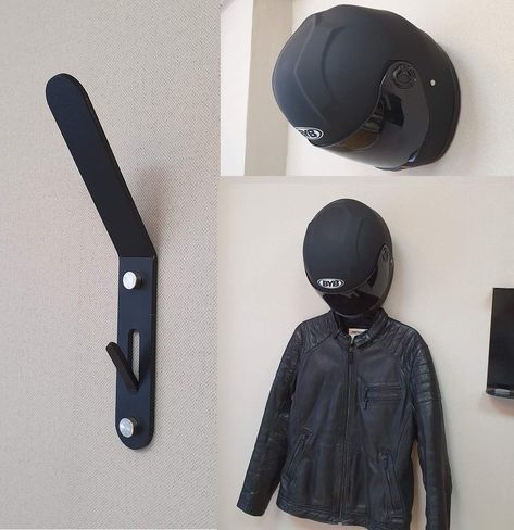 Helmet Holder Wall, Helmet Hanger Ideas, Helmet Holder Diy, Diy Helmet Rack, Jersey Hanger, Helmet Stand, Helmet Rack, Helmet Hanger, Metal Sheet Design