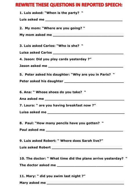 Indirect Questions Worksheet, Reported Speech Questions, Reported Speech Grammar Rules, Parts Of Speech Worksheet With Answers, Parts Of Speech Test, Reported Speech Worksheet With Answers, Answering Wh Questions Speech Therapy, Direct Speech, Direct And Indirect Speech