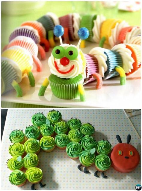 Caterpillar Cupcake Cake, Cupcake Cake Ideas, Hungry Caterpillar Cupcakes, Cupcakes Decoration Diy, Pull Apart Cupcake, Cupcakes Design, Cake Design Tutorial, Pull Apart Cupcake Cake, Pull Apart Cake