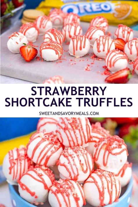 a board with strawberry shortcake truffles and a bowl with a lot of strawberry shortcake truffles Strawberry Shortcake Crumbs, Strawberry Shortcake Truffle, Truffle Dessert, Strawberry Shortcake Dessert, Dessert Truffles, Truffles Recipe, Strawberry Dessert Recipes, Shortcake Recipe, Savory Meals