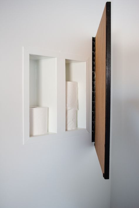 This Picture Has a Secret: Hiding a Toilet Paper Shelf Between The Studs - The Cozy Clarks Toilet Paper Storage In Bathroom, Toilet Paper Storage Powder Room, Above Toilet Niche, Above Toilet Wall Decor, Toilet Paper Cabinet, Above Door Storage Ideas, Niche Above Toilet, Water Closet Storage, Water Closet Design