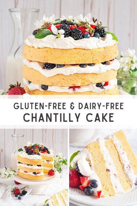 Gluten Free Bday Dessert, Gluten Free Chantilly Cake Recipe, Dairy Free Chantilly Cake, Chantilly Cake Gluten Free, Vegan Chantilly Cake, Vegan Chantilly Cream, Dairy Free Cake Filling Recipes, Gluten Free Dairy Free Vanilla Cake, Vegan Berry Cake