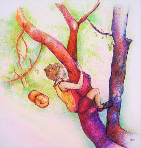 Drawing is part of the series that takes a closer look into a child's imagination....he is almost merging with this tree..he is absorbed in the experience of climbing it. Climbing A Tree Drawing, Trees Art Drawing, Climbing A Tree, Kids Climbing, Trees Art, Tree Sketches, Climb Trees, Pencil Crayon, Tree Drawing