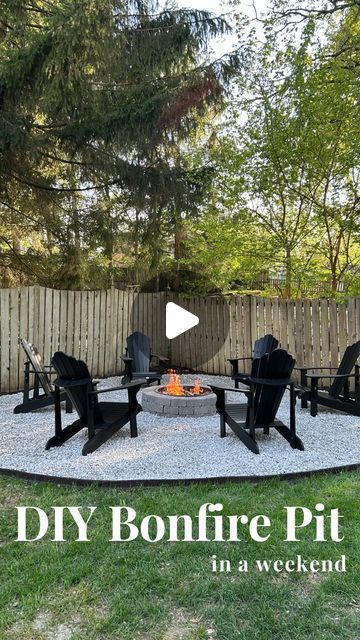 Chelsea + Ryan | DIY + Design 🔨 on Instagram: "DIY Bonfire Pit in one weekend! 🔥 Material List 👇 •Marking Paint •Bonfire Pit Kit (we got this one @homedepot)  •Landscape Edging (this was at @homedepot)  •Landscape Mesh and Stakes (@homedepot)  •Adirondack Chairs (we bought these @costco)  •2.5 tons of crushed limestone gravel (we bought ours at our local gravel yard and had them deliver/dump right into the firepit area) •Firewood and s’more ingredients!   #diyhomeimprovement #diyhomeprojects #diyhomedecor #diyhome #diyprojects #homeimprovement #diyhomedecorating #homerenovation #homedecor #diyhomerenovation #renovation #diyproject #backyardgoals #homeimprovements #renovatewiththeroots #homeimprovementprojects #homesweethome #homeinspo #home #homerenovations #beforeandafter #homedesign # Fire Pit On Gravel, Fire Pit Ideas Backyard Gravel, Home Made Fire Pit, Gravel Fire Pit Area Off Deck, Firepits Backyard Gravel, Rock Fire Pit, How To Make A Gravel Fire Pit Area, Bonfire Pit Ideas, Gravel Fire Pit Area