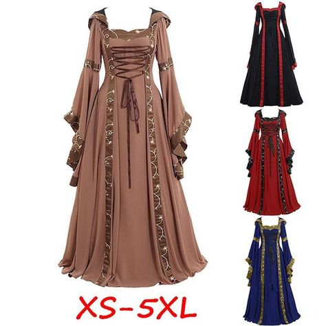 Medieval Cosplay Costumes for Women Halloween Carnival Middle Ages Stage Performance Gothic Retro Court Victoria Dress Plus Size | Wish Gothic Cosplay, Vestidos Retro, Costume Noir, Dress With Corset, Robes Vintage, Costume Themes, Medieval Dress, Fantasias Halloween, Hooded Dress