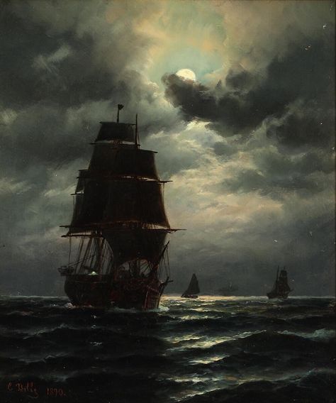 by Martin Aagaard Old Oil Paintings, Old Sailing Ships, Moonlight Painting, Cardboard Painting, Ship Drawing, Ship Paintings, Boat Painting, Landscape Art Painting, Sea Painting