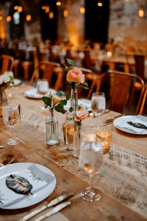 Mid-Century Minimalist Baltimore Wedding at Mt. Washington Mill Dye House | Junebug Weddings Non Floral Wedding Table Decor, Wood Table Wedding Decor Simple, Round Wood Table Wedding, Summer Wedding Minimalist, Minimalist Wedding Tables, Minimalist Ceremony Decor, Mt Washington Mill Dye House, Mid Century Wedding Decor, Mid Century Modern Wedding Decor