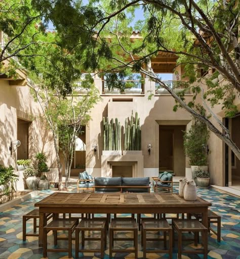 Colorful Courtyard, Mexican Beach House Decor, House With Courtyard, Mexican Style House, Mexican Beach House, Mexico Beach House, Desert River, Mexican Villa, House With Land