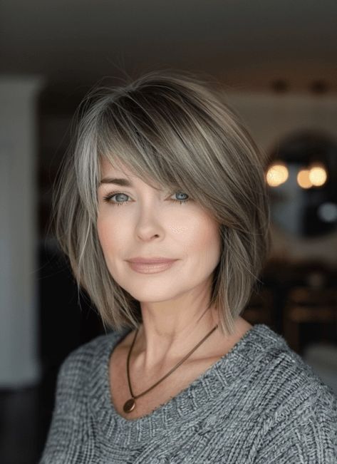 Shoulder Length Hair Grey, Grombre Hair, Angled Bob Haircuts With Bangs, Short Haircuts For Fine Flat Hair, Shoulder Bob, Grey Hair Looks, Sparrowhawk, Angled Bob Haircuts, Medium Length Curly Hair