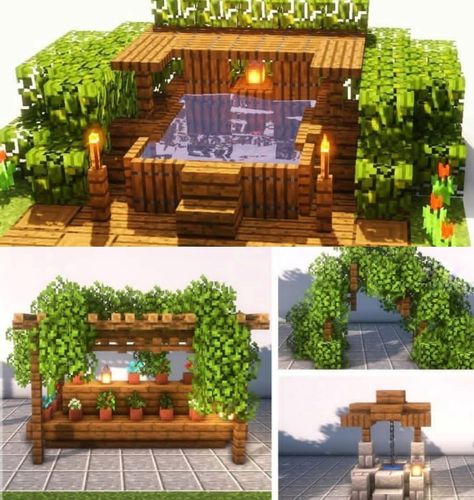 Minecraft Patio Design, Inside Decor Ideas Minecraft, Minecraft Balcony Ideas To Build, Minecraft Back Porch Ideas, Minecraft Comfy House, Outdoor Patio Ideas Minecraft, Minecraft Decor Outdoor, Minecraft Pergola Ideas, Minecraft Sunroom Ideas