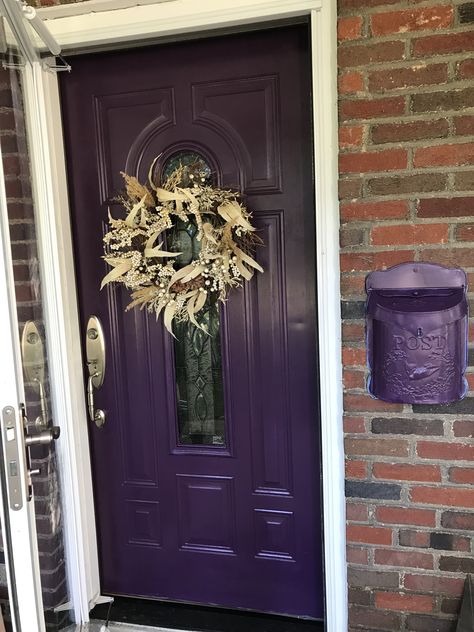 Purple Front Door Brick House, Black House Purple Door, Purple Door Meaning, Purple Doors Front House, Purple Front Door, Purple Houses, Purple Front Doors, Teal House, Exterior House Doors