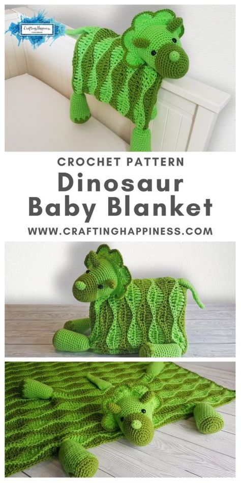 Dinosaur Baby Blanket is a crochet pattern for a cute folding baby blanket that turns into a dino toy.  Make this triceratops baby blanket with the easy crochet pattern from Crafting Happiness  What a great idea! A cuddly warm blanket that the baby can play with and then it folds into a decorative dino toy or decoration for the nursery.  #crochetblankets #crochetafghans #crochetstitches #crochetpatterns #crochetanimals #crochetforchildren #crochetprojects #crochetbaby #babyblankets #crochet Dino Blanket, Dinosaur Baby Blanket, Crochet Cocoon, Crochet Dinosaur, Baby Blanket Pattern, Baby Blanket Crochet Pattern, Basic Crochet Stitches, Crochet Baby Patterns, Crochet For Kids