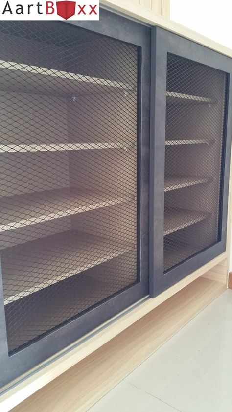 Mesh sliding doors for show cabinet  Inspired by Aart Boxx Mesh Cupboard Doors, Sliding Kitchen Cabinet Doors, Bedroom Cupboard Doors, Show Cabinet, Cabinet Slides, Sliding Cabinet, Sliding Cabinet Doors, Desk Units, Steel Cupboard