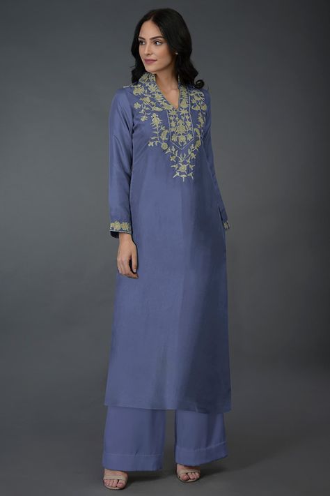 Featuring an iris blue kurta in modal bemberg base with kashmiri tilla embroidery. It is paired with matching pants.  FIT: Fitted at bust and waist. COMPOSITION: Modal bemberg. CARE: Dry clean only. Kashmiri Tilla Embroidery, Kashmiri Suits, Tilla Embroidery, Patiala Suit Designs, Salwar Suit Designs, Long Gown Design, Blue Kurta, Salwar Designs, Suit Pattern