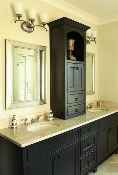 cabinet between sinks ...love this! - Beauty Darling Bathroom Countertop Storage, Makeover Kamar Mandi, Master Bath Remodel, Bathroom Redo, Black Cabinets, Bathroom Sinks, Bathroom Organizer, Bathroom Renos, Bath Remodel