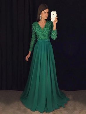 Green Formal Dress, Emerald Green Prom Dress, Green Formal Dresses, Formal Dresses Graduation, Chiffon Lace Dress, Graduation Party Dresses, Green Prom, Long Sleeve Prom, Prom Dresses For Teens