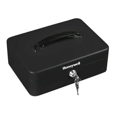 The Honeywell Safes model 6112 standard steel cash box includes a removable cash tray with 1 bill and 5 coin slots. This cash box features a key Lock for security with 2 entry keys included, a durable, scratch-resistant powder coat finish, additional storage under tray, and a convenient carry handle. This Honeywell security box is backed by a 1 year limited warranty. The Honeywell cash management box is perfect for keeping your money and small valuables safe. The black cash box comes with a key Cash Management, Cash Box, Key Lock, Slots, Coin, Tray, Thing 1, Key