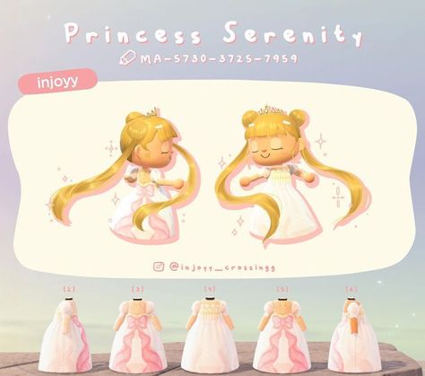 Animal Crossing Hairstyles Codes, Acnh Princess Dresses, Animal Crossing Hairstyles, Acnh Sailor Moon, Princess Serenity Dress, Acnh Clothes Design Id, Animal Crossing Fashion, My Birthday Week, Cottagecore Animal Crossing