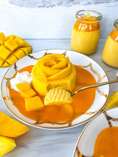 Mango Lassi Panna cotta — The Global Vegetarian Panna Cotta Recipe, Mango Dessert, Mango Lassi, Mango Puree, Fusion Food, Yummy Desserts, Pixie Dust, Cooking Time, Indian Food Recipes