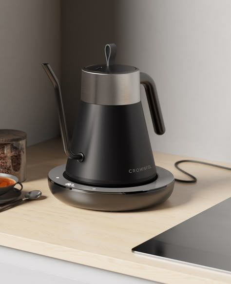 Designed by Whynot for Crownful, USA. Product design, rendering, product detail, device, electronic, appliance, kitchen, food preparation, coffee, tea, boiling, modern, aesthetic, design detail, plastic, industrial designer, ergonomy, consumer electronics, screen, interface, intuitive UX, buttons, technology. Product Design Rendering, Modern Kettles, Kettle Design, Product Render, Glass Kettle, Kitchen Appliances Design, Amazing Showers, Product Rendering, Filter Coffee Machine