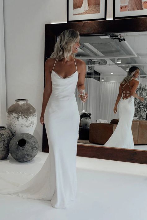 Cordelia | Mermaid Satin White Spaghetti-Straps Wedding Dresses With Lace-Up Back Slip Dress White Wedding, Satin Wedding Dress Deep V, Wedding Dress For Boxy Shape, Satin Flowy Wedding Dress, Elegant Rustic Wedding Dress, Tight Low Back Wedding Dress, Cruise Ship Wedding Dress, Styles Of Wedding Dresses Chart, Pearl Bridal Dress