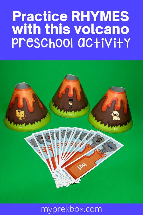 Check out this fun explosion of volcano themed rhyming! Erupting Rhymes is the perfect preschool literacy activity for a dinosaur unit. The focus is to practice identifying rhyming words! Rhyming words are one of those important preschool development skills. Visit My Pre-K Box for monthly preschool play based learning activities and crafts to do at home! Have fun learning with preschool math, preschool literacy, preschool STEM, and more! Earth For Kids, Literacy Preschool, Rhyming Preschool, Volcano Activities, Crafts To Do At Home, Math Preschool, Literacy Activities Preschool, Preschool Play, Play Based Learning Activities