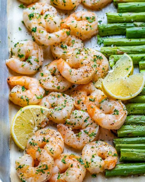 Sheet Pan Garlic Shrimp and Asparagus - Healthy Fitness Meals Garlic Shrimp And Asparagus, Sheet Pan Shrimp, Pan Shrimp, Fitness Meals, Easy Sheet Pan Dinners, Sheet Pan Suppers, Sheet Pan Dinners Recipes, Shrimp Dinner, Shrimp And Asparagus