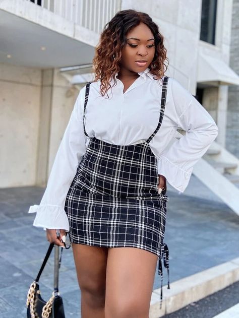 Plus Plaid Knot Side Suspender Dress Without Blouse | SHEIN USA White Outfits Plus Size, Cute Black And White Outfits, Suspender Dress Outfit, Black And White Outfits, Plus Size Jumpers, High Heeled Boots, Cute Black And White, Suspender Dress, Curvy Girl Fashion